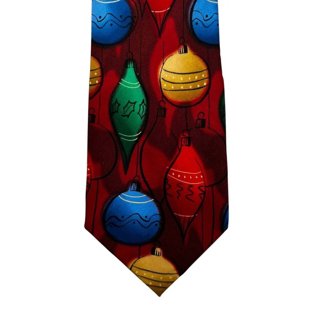 J Garcia Christmas Tie 100% Silk Holiday Ornaments Red Blue Green Mens 60